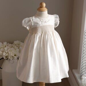 Ivory Dupioni Silk Smocked Dress Flower Girl Special Occasion Hand Embroidery